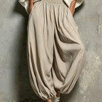 White Batwing Wide-sleeved Top And Light Khaki Harem Pants Suit