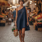 Navy Blue One-shoulder Sleeveless Frayed Mini Dress