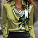 Solid Satin Floral Print Simple Swing Collar Shirt Top