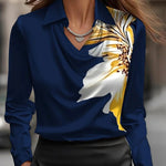 Solid Satin Floral Print Simple Swing Collar Shirt Top