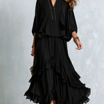Black Chiffon Tassel Drawstring V-neck Top Paired With A Ruffled Layered Skirt Set