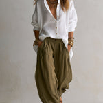 White Loose Shirt And Green Wide-leg Lantern Pants Suit