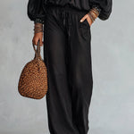 Black Off-the-shoulder Sequined Top Paired With Drawstring Wide-leg Pants Set