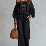 Black Off-the-shoulder Sequined Top Paired With Drawstring Wide-leg Pants Set