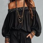 Black Off-the-shoulder Sequined Top Paired With Drawstring Wide-leg Pants Set