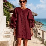 Burgundy Floral Button-down Mini Dress With Striking Floral Cuffs