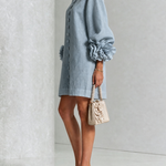 Dusty Blue Floral Button-down Mini Dress With Striking Floral Cuffs