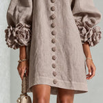 Mushroom Taupe Floral Button-down Mini Dress With Striking Floral Cuffs
