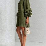 Olive Floral Button-down Mini Dress With Striking Floral Cuffs
