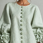 Sage Mist Floral Button-down Mini Dress With Striking Floral Cuffs