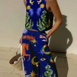 Unique Print Tank And Elastic Waist Pocketed Pants Set