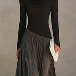 Black And Gray Two-tone Patchwork Draped Neckline Pleated Maxi Dress