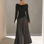 Black And Gray Two-tone Patchwork Draped Neckline Pleated Maxi Dress