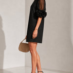 Black Organza Puff-sleeved Mini Dress With Striking Floral Cuffs