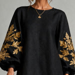 Black Gold Print Loose Mini Dress With Crew Neck And Lantern Sleeves