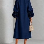 Navy Floral Button-down Midi Dress With Striking Floral Cuffs