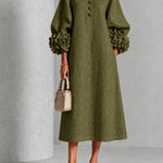 Olive Floral Button-down Midi Dress With Striking Floral Cuffs