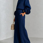 Navy Top Featuring Striking Floral Cuffs Paired With Wide-leg Pants Suit