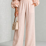 Pink Top Featuring Striking Floral Cuffs Paired With Wide-leg Pants Suit