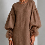 Brown Adjustable Drawstring-waist Midi Dress With Lantern Sleeves And Pleated Ruffle Cuffs