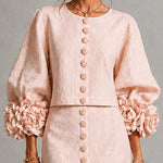 Pink Floral Button-front Top And Skirt Set Featuring Striking Floral Cuffs