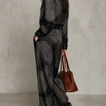 Burgundy-purple Paisley Print Satin Long-sleeve Shirt And Wide-leg Trousers Set (with belt)