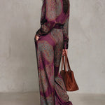 Burgundy-purple Paisley Print Satin Long-sleeve Shirt And Wide-leg Trousers Set (with belt)