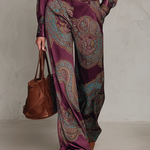 Burgundy-purple Paisley Print Satin Long-sleeve Shirt And Wide-leg Trousers Set (with belt)