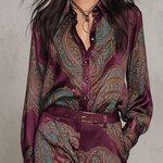 Burgundy-purple Paisley Print Satin Long-sleeve Shirt And Wide-leg Trousers Set (with belt)