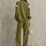 Olive Green Crew-neck Sweatshirt And Drawstring Wide-leg Pants Casual Set