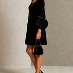 Black Velvet Button-front Mini Dress Featuring Striking Floral Cuffs