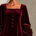 Burgundy Velvet Button-front Mini Dress Featuring Striking Floral Cuffs