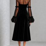 Black Velvet And Sheer Mesh Spliced Pleated Midi Dress