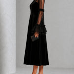 Black Velvet And Sheer Mesh Spliced Pleated Midi Dress