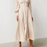Satin Solid Balloon Sleeve V Neck Midi Dress