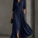 Elegant Navy Blue Knotted Maxi Shirt Dress