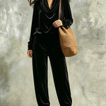 Black Velvet Cowl-neck Top And Loose-fitting Cuffed-hem Pants Set