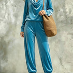 Black Velvet Cowl-neck Top And Loose-fitting Cuffed-hem Pants Set
