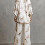 Ivory Satin V-Neck Butterfly-Print Top and Wide-Leg Trousers Set