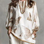 Ivory Satin V-Neck Butterfly-Print Top and Wide-Leg Trousers Set