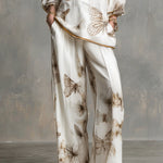 Ivory Satin V-Neck Butterfly-Print Top and Wide-Leg Trousers Set