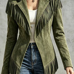 Faux Suede Slim-Fit Lapel Long-Sleeve Jacket with Fringe Detail