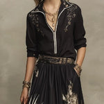 Black Gold Artistic Print Half-zip Shirt And Flowy Floral Midi Skirt Set