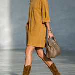 Ginger Yellow Faux Suede Mini Dress With Shoulder Buttons And Patch Pockets