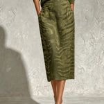 Olive Green Collar Knit Top And Zebra Linen Midi Skirt Two‑Piece Set