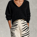 Black Collar Knit Top And Zebra Linen Midi Skirt Two‑Piece Set