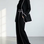 Black Contrast‑Piping Blazer & Wide‑Leg Trouser Two‑Piece Suit Set