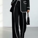 Black Contrast‑Piping Blazer & Wide‑Leg Trouser Two‑Piece Suit Set
