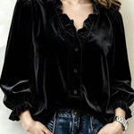 Velvet Ruffled V-neck Puff Sleeve Shirt