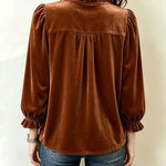Velvet Ruffled V-neck Puff Sleeve Shirt